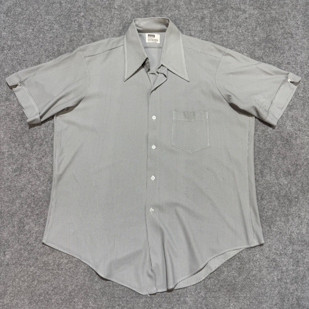 Vintage Montgomery Ward Mens Short Sleeve Button Down‎ Shirt Grey Chevron 70s